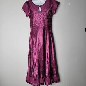 Dressbarn Purple Smocked Midi‎ Dress Sz S Flutter Sleeve Flaw Tear As Is Boho